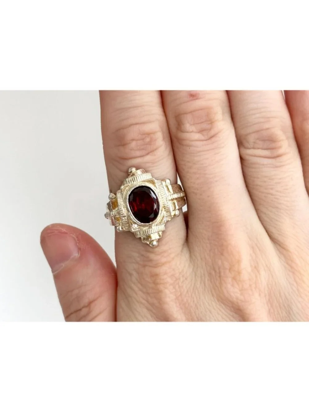 Art Deco Garnet Gemstone Geometric Sterling Silver 925 Vintage Ring - sz 8.75